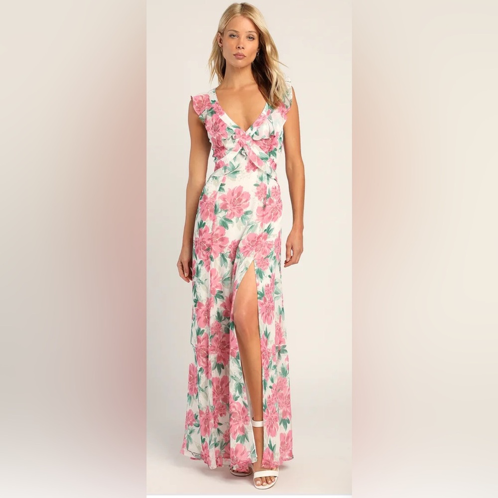 Lulus Sensational Spring White Floral Print Ruffled Maxi Dress
